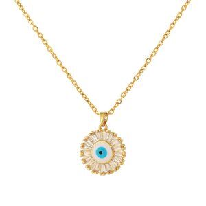 Radiant Sunburst Evil Eye Necklace | 18K Gold Plated | Enamel & CZ Halo | Lucky